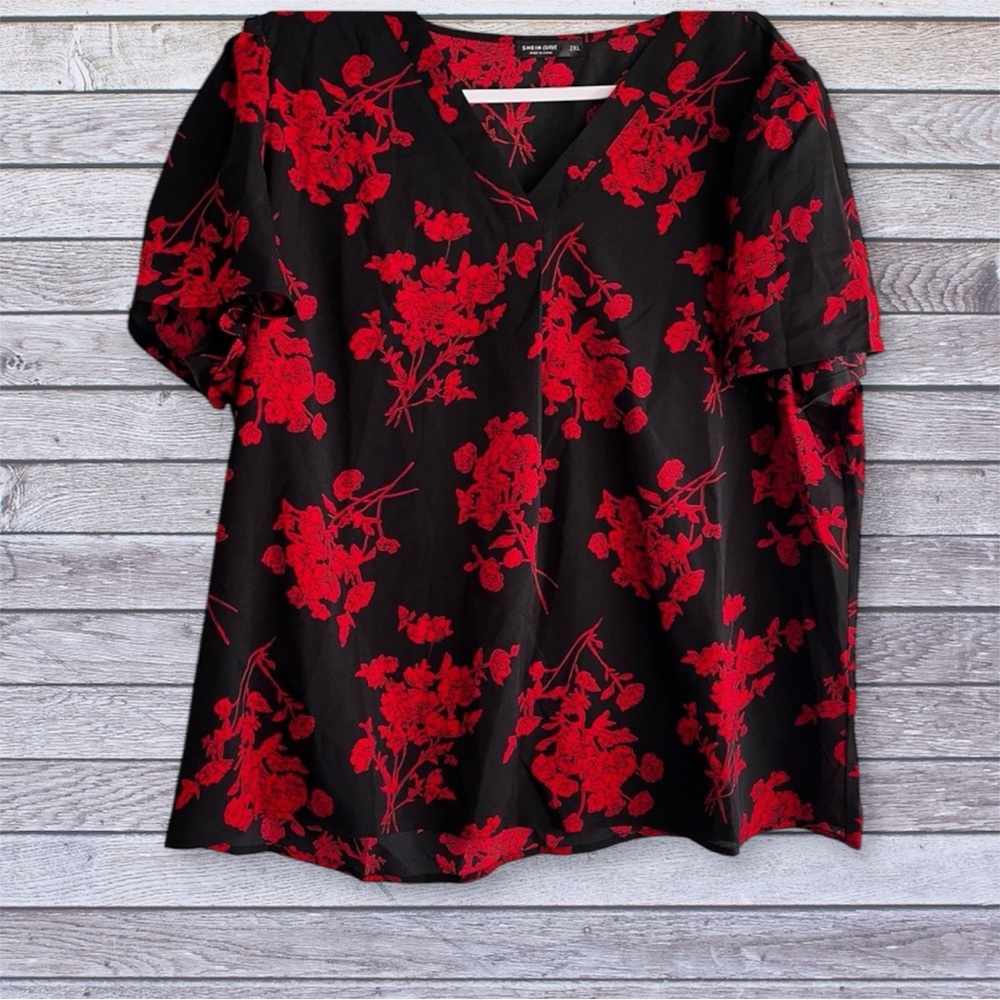 Shein curve red floral blouse 2xl